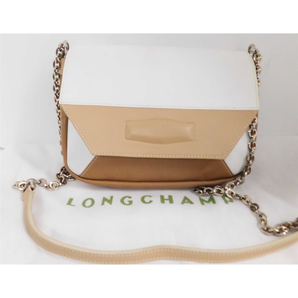 Longchamp France Dolce Night Tan White Color Block Leather Chain Crossbody Bag